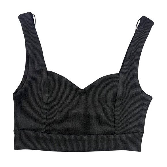 Black Ribbed Cropped Tank Top By Mable Sweetheart Neckline Smocked Back Panel-S - Picture 1 of 5